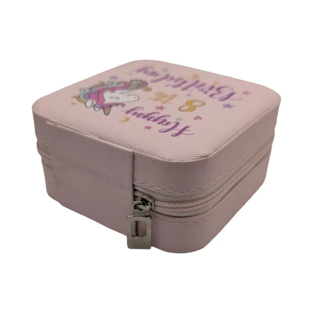 Happy 8th Birthday Unicorn Jewelry Box–Pink Travel Jewelry Organizer with Mirror